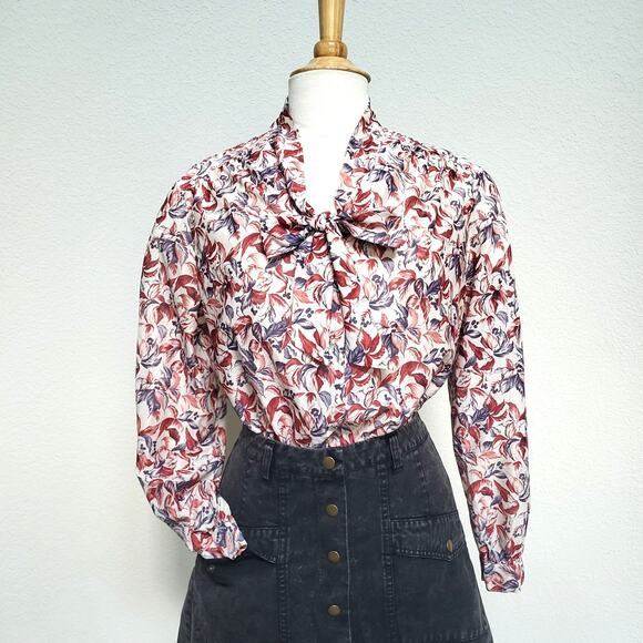Vintage Tops - Tan Jay Vintage Blouse Womens Large Floral V Neck Tie Bow Neck Rust 70s 80s Fall